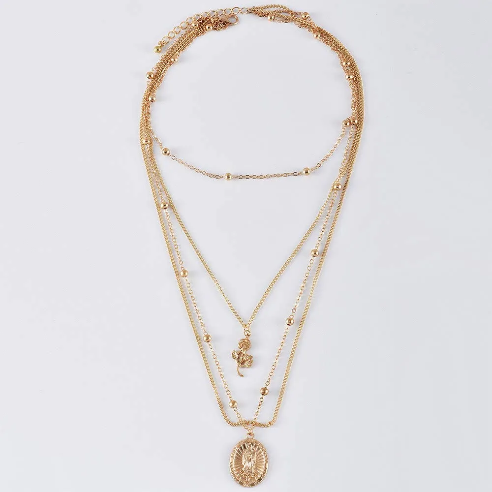 Dainty 4 Layered Cross Pendant Choker Necklaces Coin Multilayer Adjustable Layering Chain Gold Plated Necklaces Set for Women