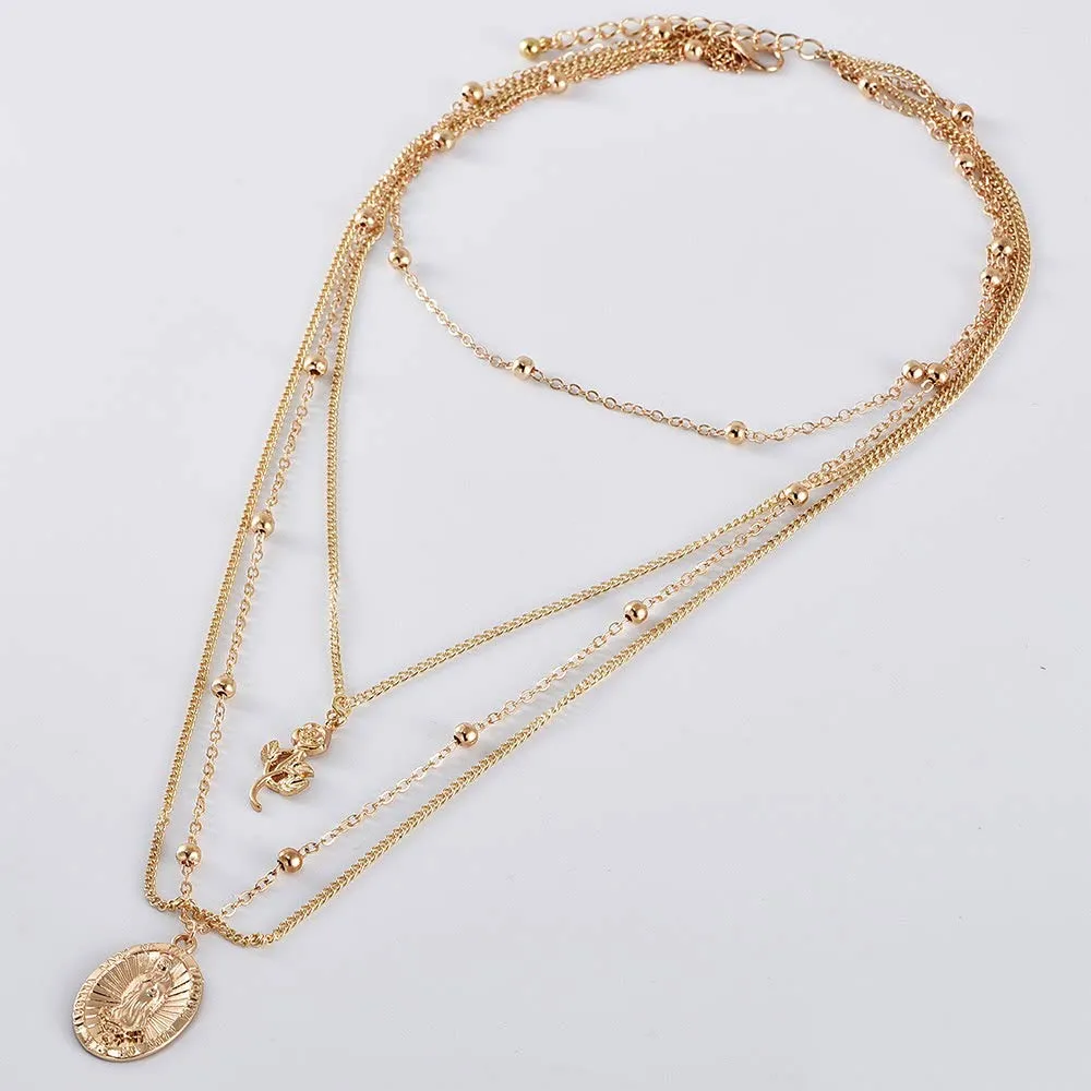 Dainty 4 Layered Cross Pendant Choker Necklaces Coin Multilayer Adjustable Layering Chain Gold Plated Necklaces Set for Women