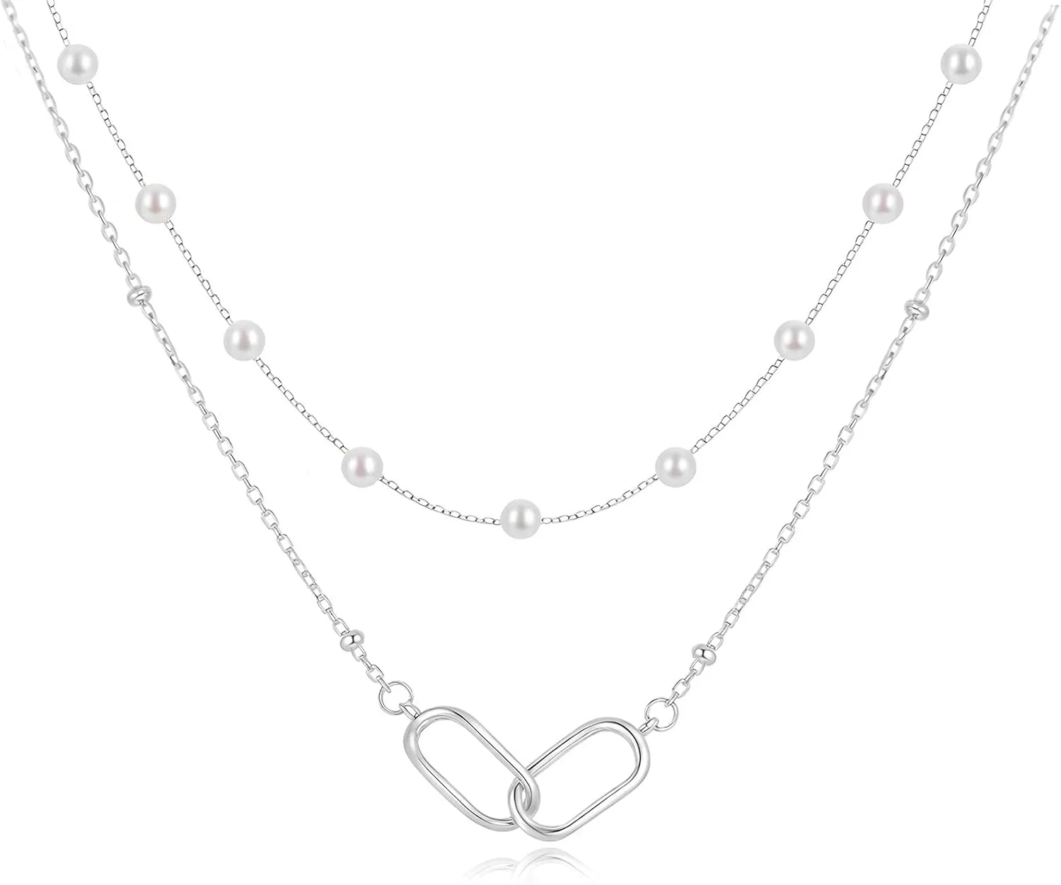 Dainty Gold Paperclip Layered Necklaces for Women Simple Cute Thin Chain silver plated and Pearls Layering Choker Pendant Necklace Stack Trendy Jewelry