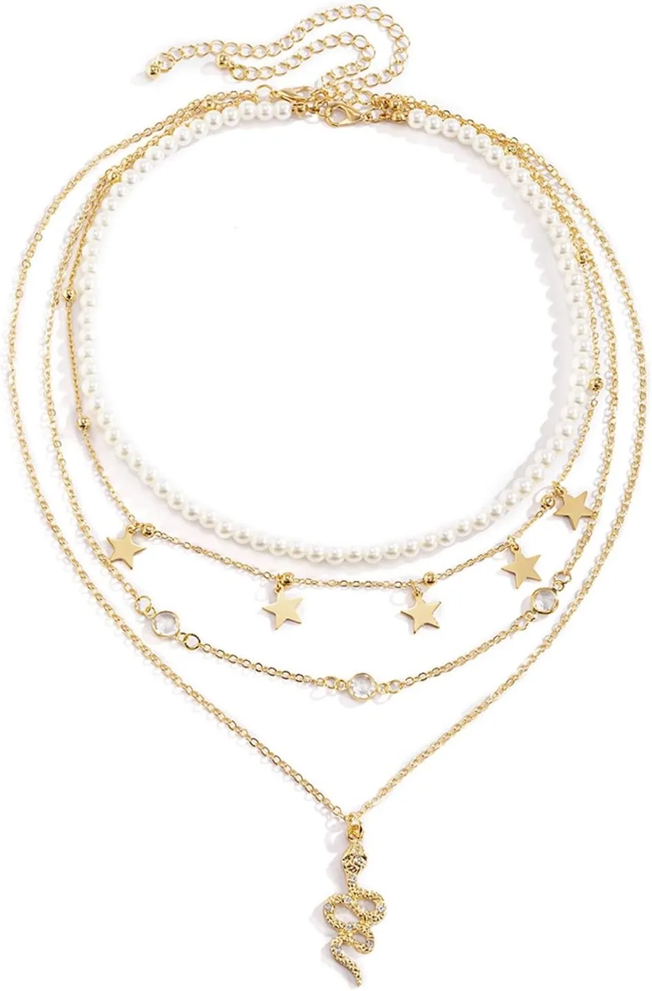 Dainty Layered Necklace, Layered Necklaces for Women Snake Star Pearl Pendant Chain Necklaces Jewelry Birthday Gift for Her, 4 Pieces
