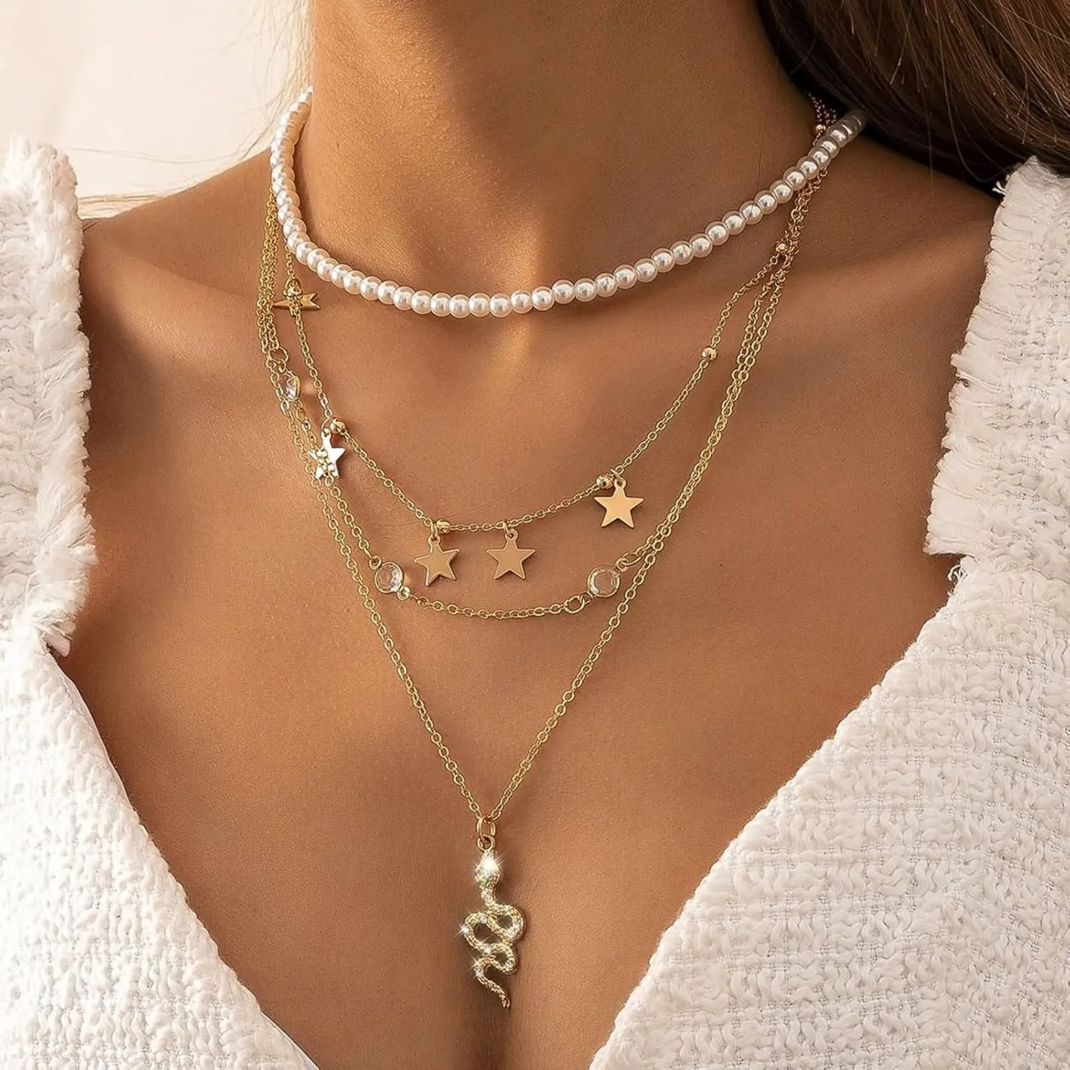 Dainty Layered Necklace, Layered Necklaces for Women Snake Star Pearl Pendant Chain Necklaces Jewelry Birthday Gift for Her, 4 Pieces