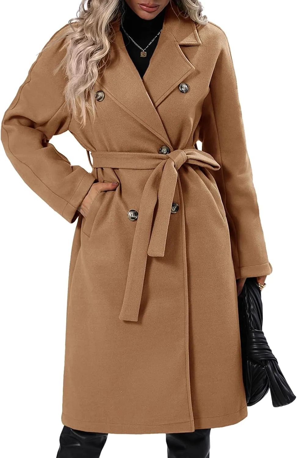 Danedvi Women Elegant Wool Pea Coat Lapel Collar Double Breasted Mid-Long Winter Overcoats with Belted Pockets