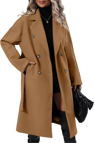 Danedvi Women Elegant Wool Pea Coat Lapel Collar Double Breasted Mid-Long Winter Overcoats with Belted Pockets