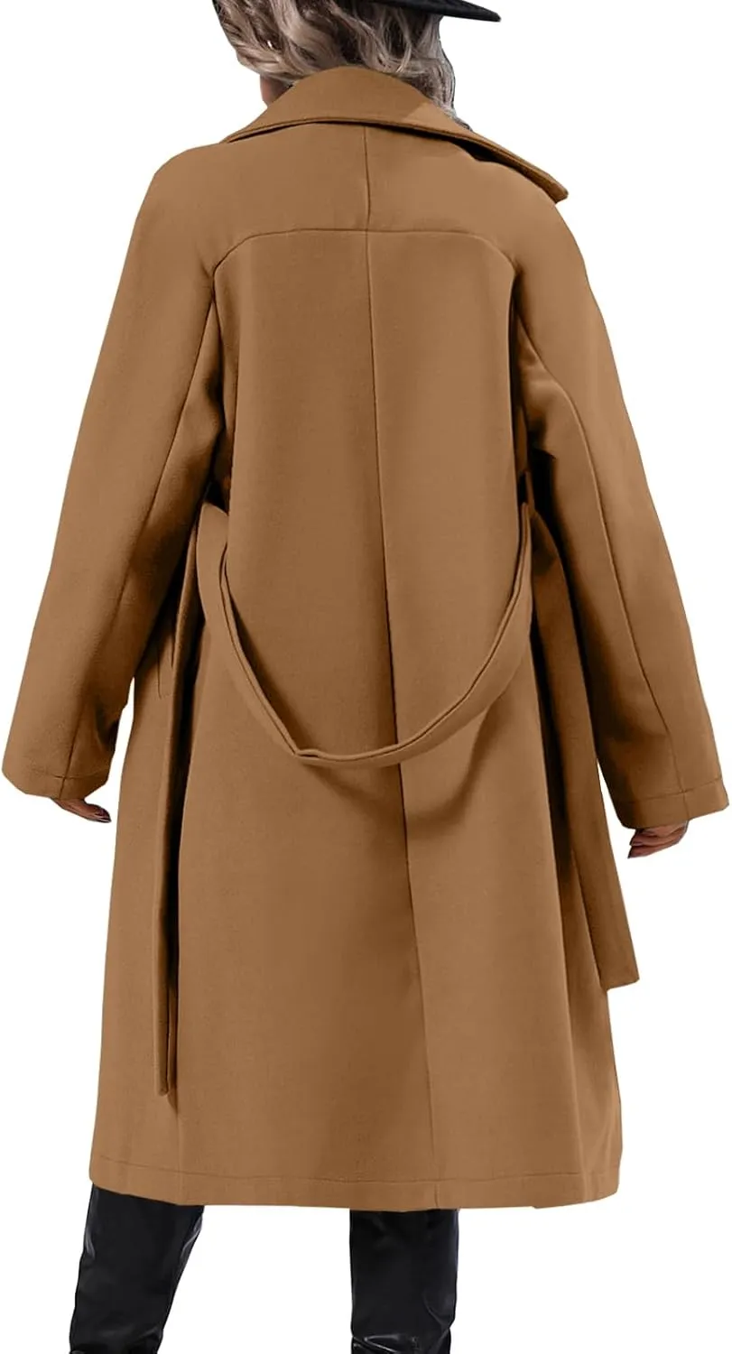 Danedvi Women Elegant Wool Pea Coat Lapel Collar Double Breasted Mid-Long Winter Overcoats with Belted Pockets