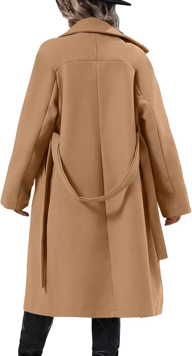 Danedvi Women Elegant Wool Pea Coat Lapel Collar Double Breasted Mid-Long Winter Overcoats with Belted Pockets