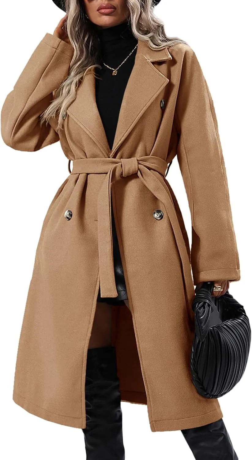 Danedvi Women Elegant Wool Pea Coat Lapel Collar Double Breasted Mid-Long Winter Overcoats with Belted Pockets