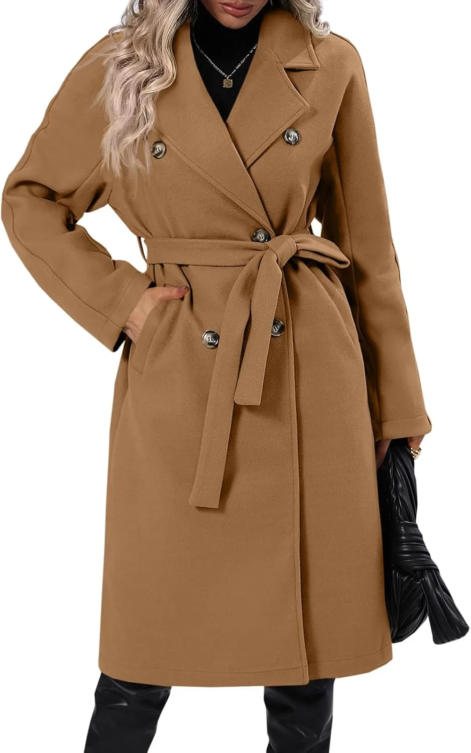 Danedvi Women Elegant Wool Pea Coat Lapel Collar Double Breasted Mid-Long Winter Overcoats with Belted Pockets