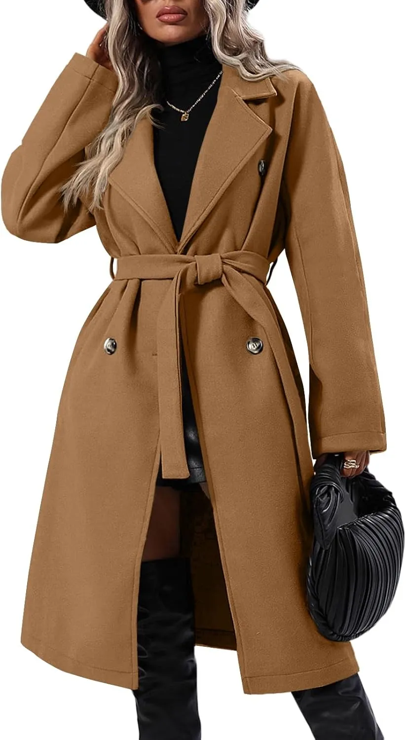 Danedvi Women Elegant Wool Pea Coat Lapel Collar Double Breasted Mid-Long Winter Overcoats with Belted Pockets