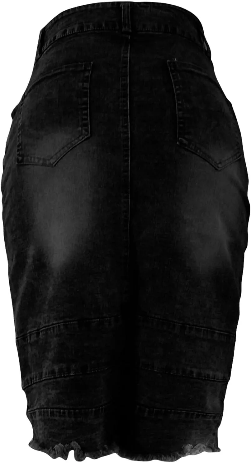 Denim Skirt for Women Casual A-Line Denim Midi Skirts Stretch High Waisted Split Jean Skirt with Pockets Plus Size