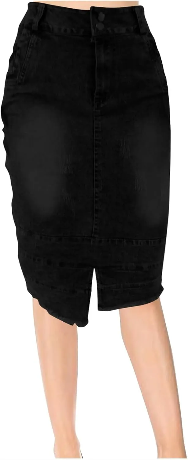 Denim Skirt for Women Casual A-Line Denim Midi Skirts Stretch High Waisted Split Jean Skirt with Pockets Plus Size