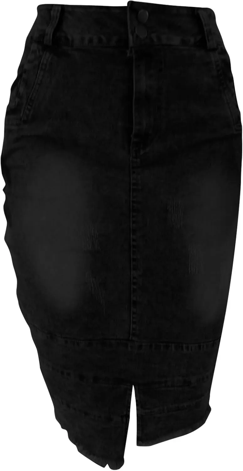 Denim Skirt for Women Casual A-Line Denim Midi Skirts Stretch High Waisted Split Jean Skirt with Pockets Plus Size