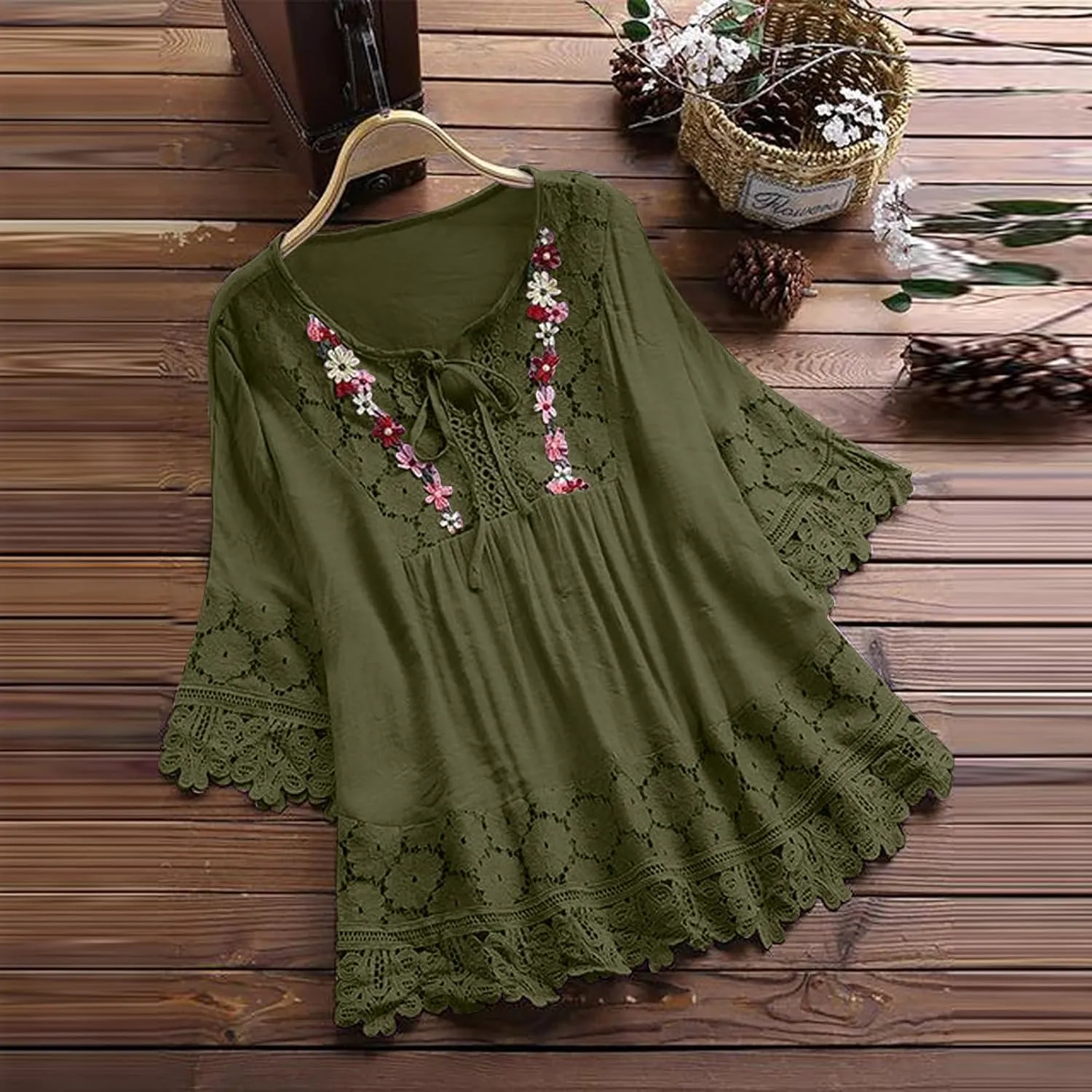 Dgoopd 3/4 Length Sleeve Womens Tops Oversized Cotton Tee Shirts Embroidered Floral Lace V Neck T-Shirt Summer Trendy Blouses