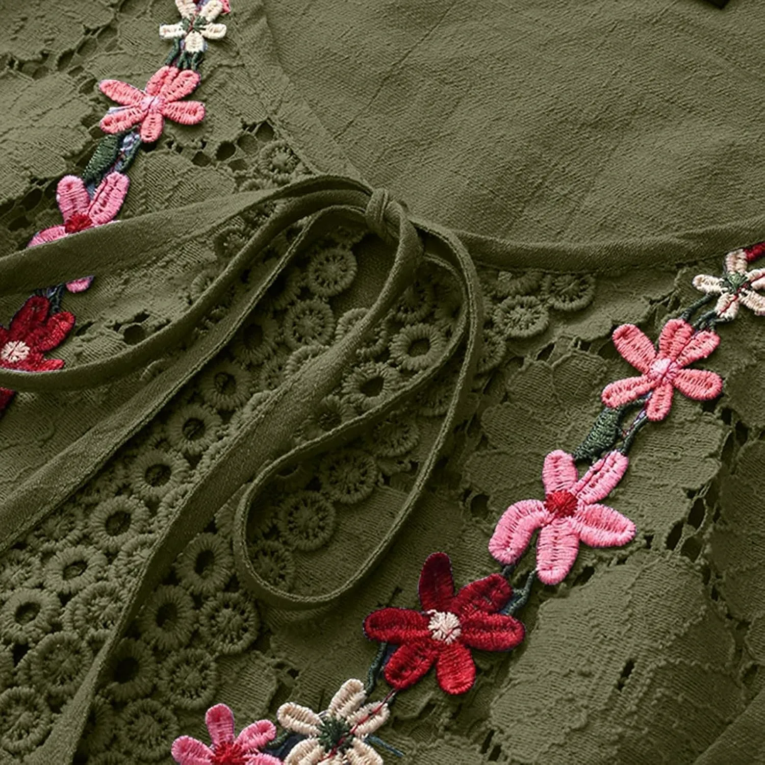 Dgoopd 3/4 Length Sleeve Womens Tops Oversized Cotton Tee Shirts Embroidered Floral Lace V Neck T-Shirt Summer Trendy Blouses