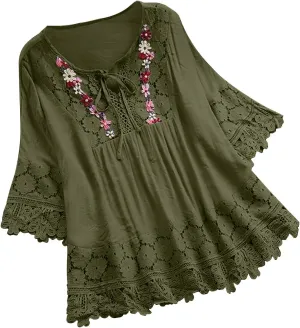 Dgoopd 3/4 Length Sleeve Womens Tops Oversized Cotton Tee Shirts Embroidered Floral Lace V Neck T-Shirt Summer Trendy Blouses