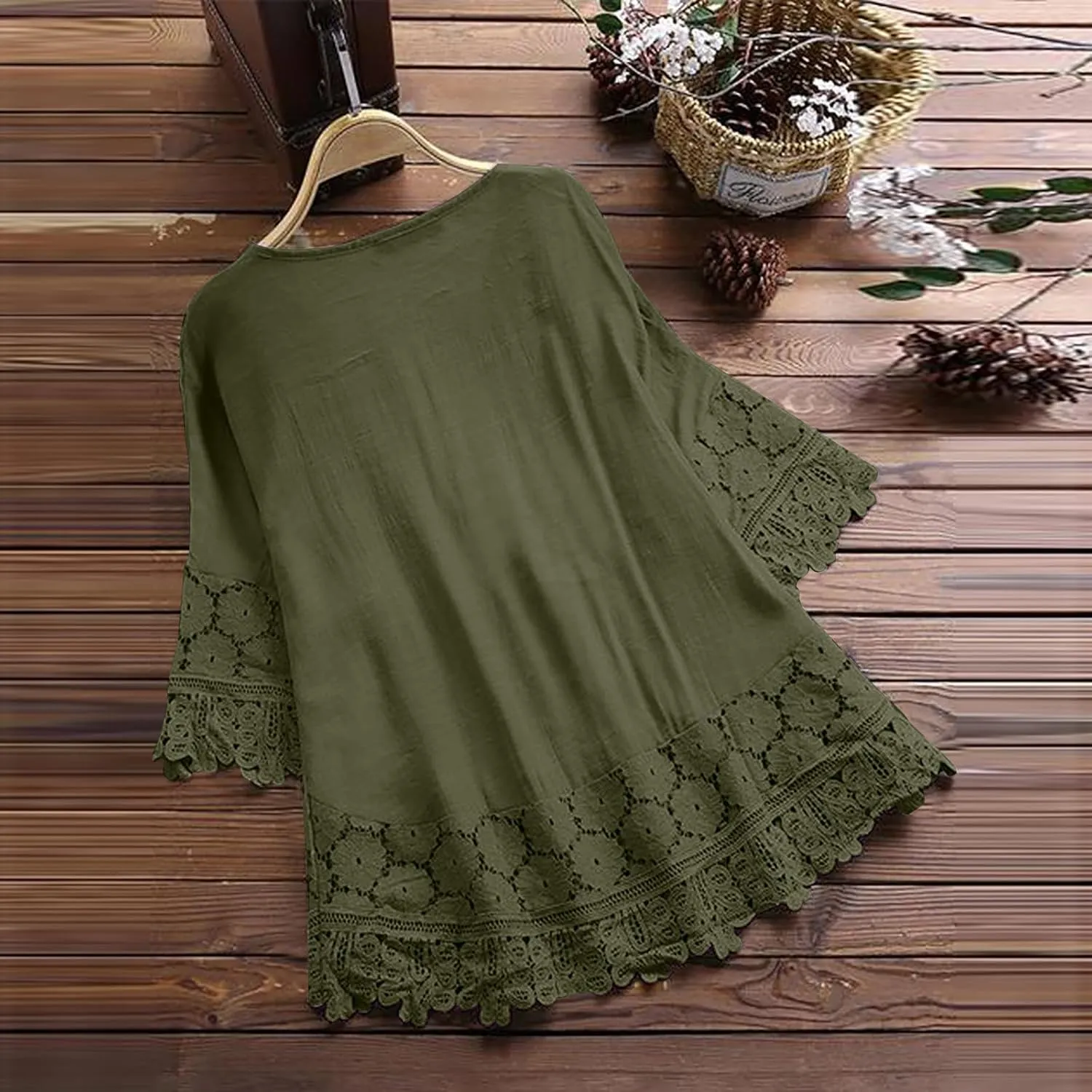 Dgoopd 3/4 Length Sleeve Womens Tops Oversized Cotton Tee Shirts Embroidered Floral Lace V Neck T-Shirt Summer Trendy Blouses
