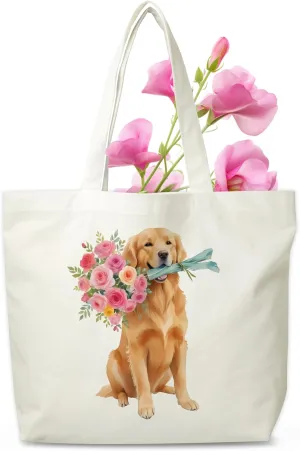 Dog Flowers Canvas Tote Bag, Golden Retriever Aesthetic Grocery Bag, Floral Puppy Beach Bag Gifts For Women Dog Mom Dog Owner Dog Lovers Friends Family, Funny Doggie Reusable Shopping Bag, 01