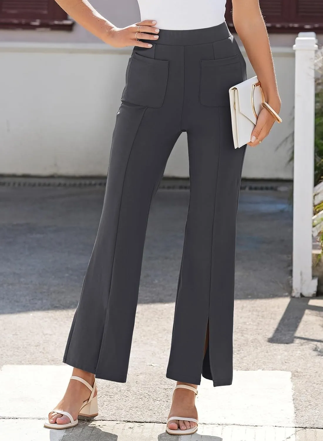Dokotoo Women's High Waist Dress Pants with Pockets Yoga Business Casual Work Pants Split Hem Stretchy Trousers
