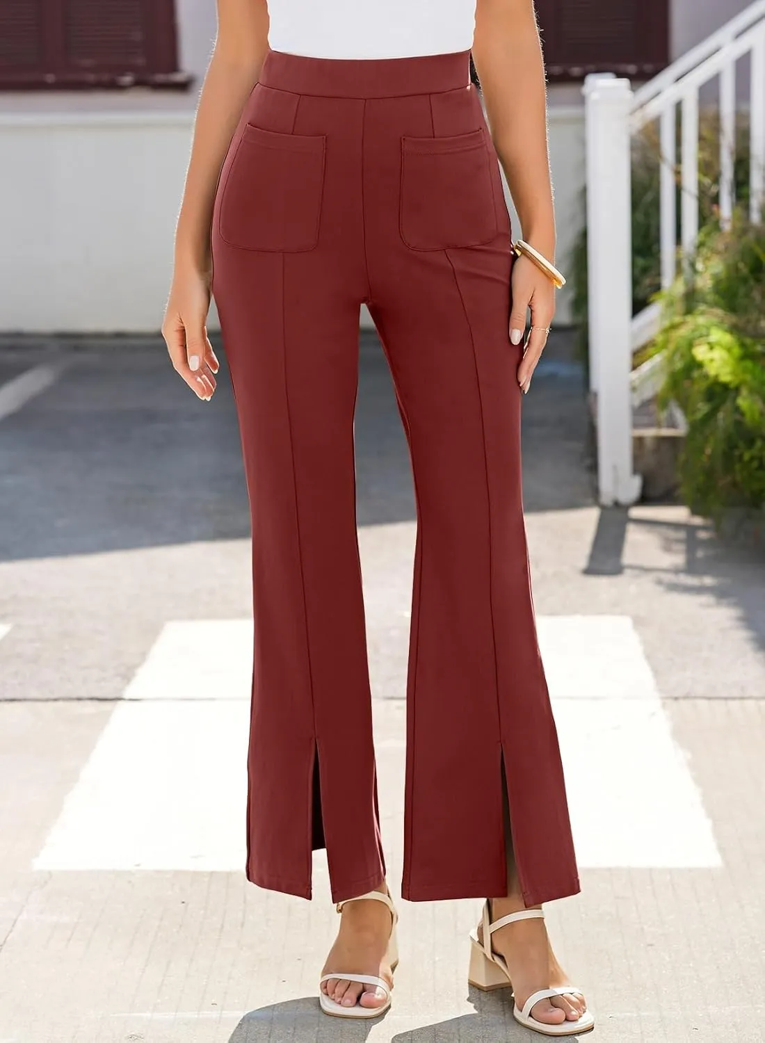 Dokotoo Women's High Waist Dress Pants with Pockets Yoga Business Casual Work Pants Split Hem Stretchy Trousers