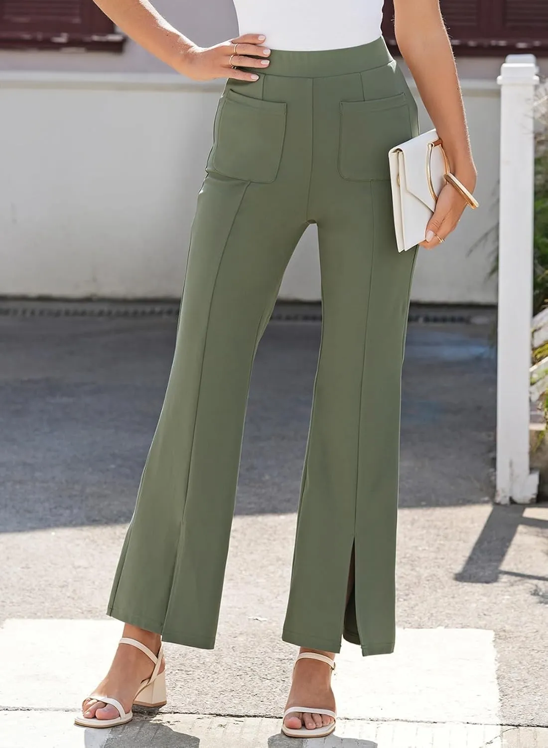 Dokotoo Women's High Waist Dress Pants with Pockets Yoga Business Casual Work Pants Split Hem Stretchy Trousers