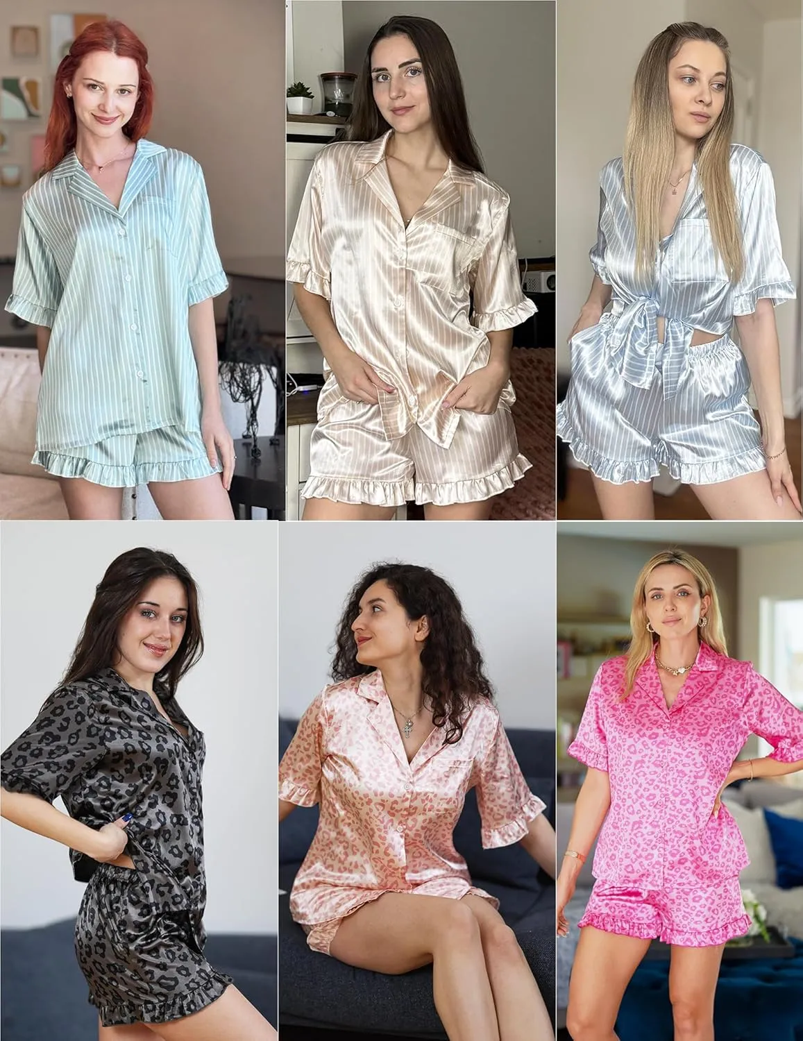 Ekouaer Womens Satin Pajamas Cute Ruffle Sleeve Printed Sleepwear Button Down Silk Pjs Set