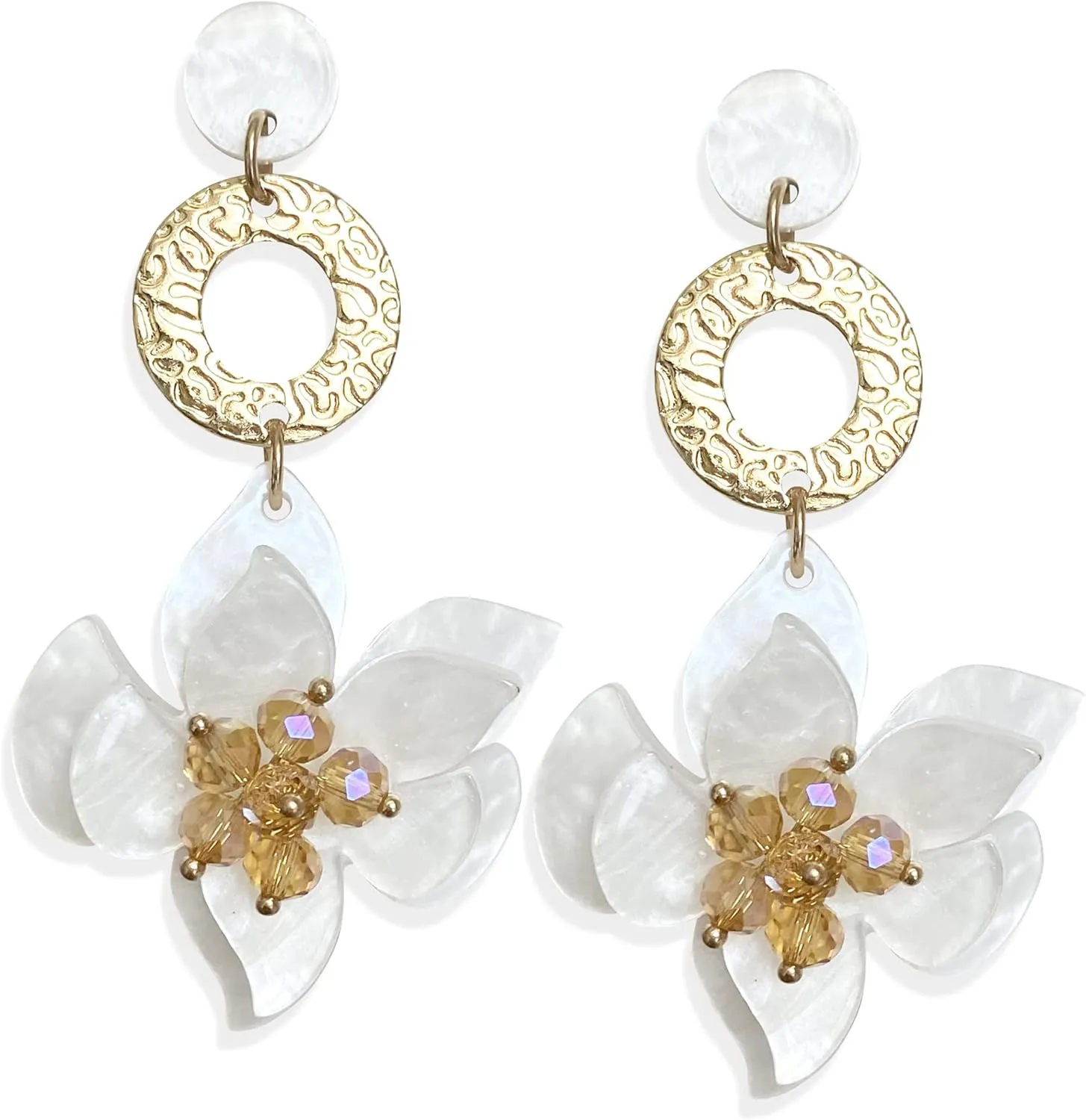 Elegant Bohemian Acrylic Flower Dangle Drop Earrings - Chic Dainty Resin Flower Petal Statement Stud Earrings with Gold Beads for Sister, Mom, Lover and Friends