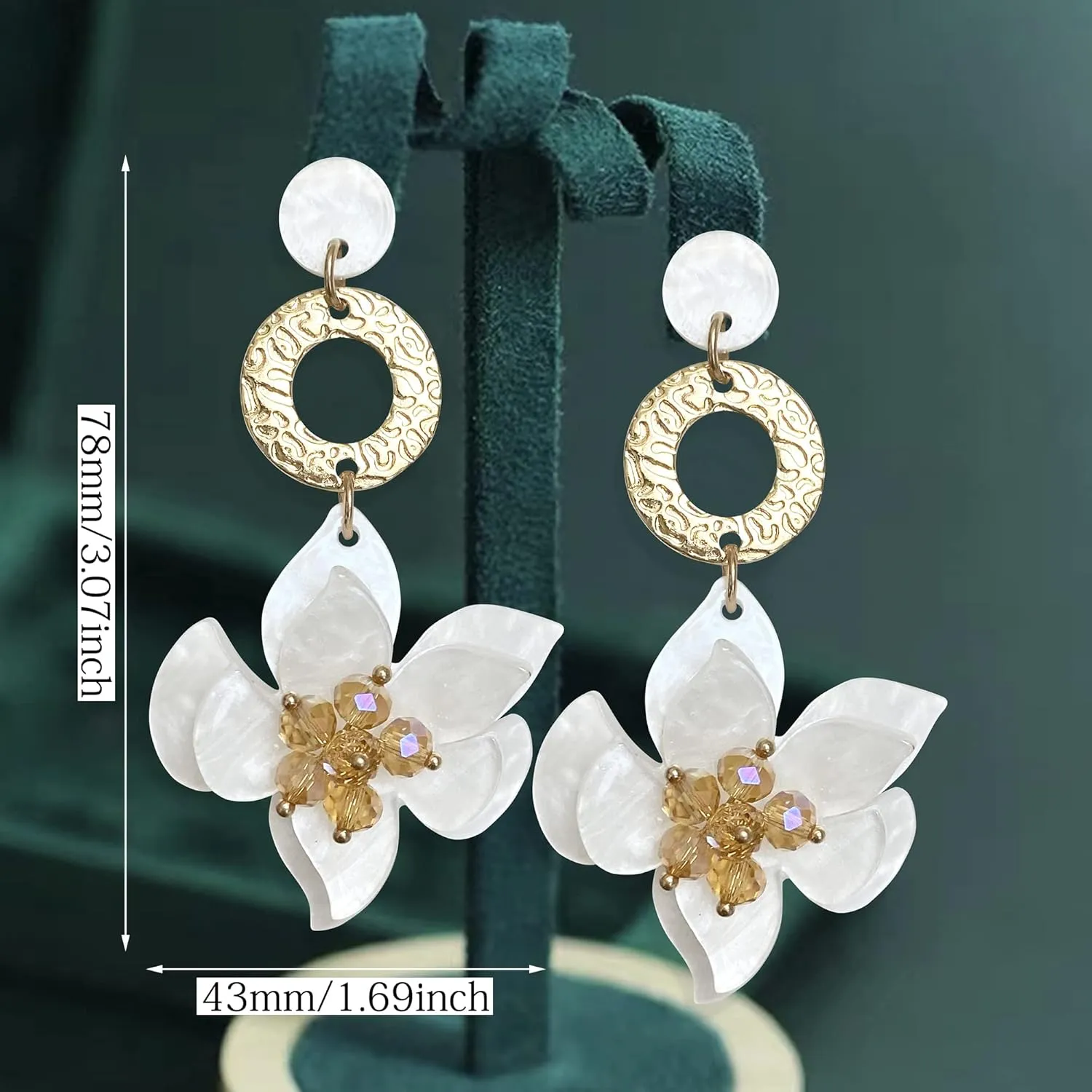 Elegant Bohemian Acrylic Flower Dangle Drop Earrings - Chic Dainty Resin Flower Petal Statement Stud Earrings with Gold Beads for Sister, Mom, Lover and Friends