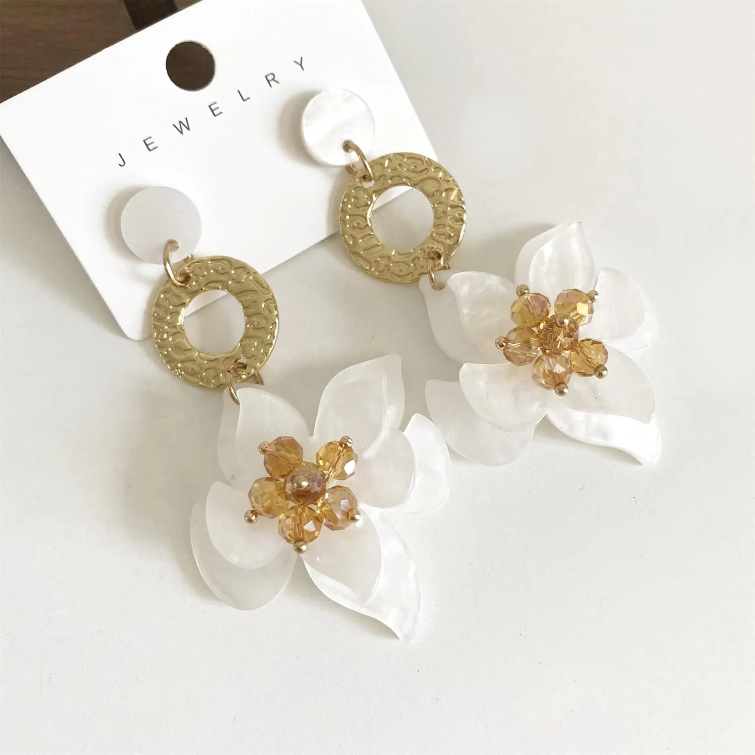 Elegant Bohemian Acrylic Flower Dangle Drop Earrings - Chic Dainty Resin Flower Petal Statement Stud Earrings with Gold Beads for Sister, Mom, Lover and Friends