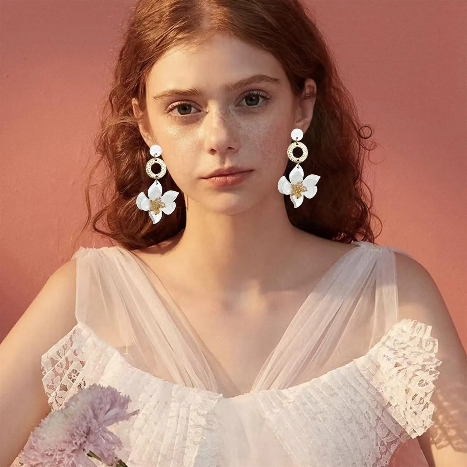 Elegant Bohemian Acrylic Flower Dangle Drop Earrings - Chic Dainty Resin Flower Petal Statement Stud Earrings with Gold Beads for Sister, Mom, Lover and Friends