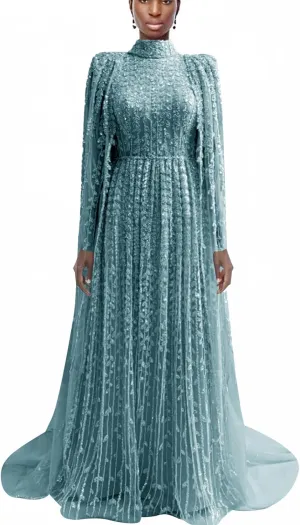 Elegant Mint Green Evening Gown, Long Sleeve Lace-Up Back, High Neck Pleated Maxi Dress with Sequin Detail