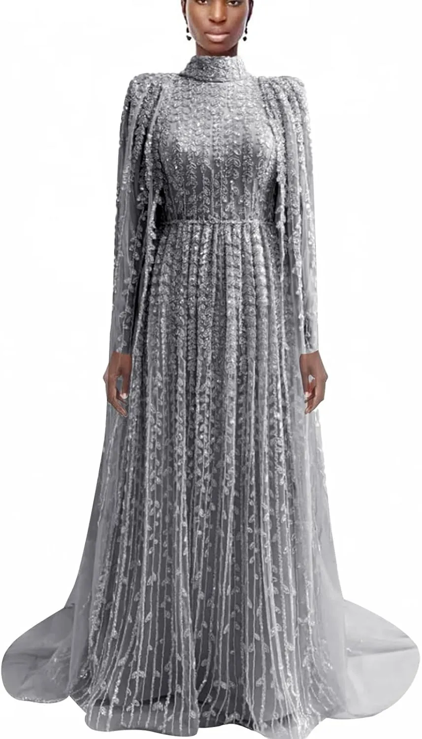 Elegant Mint Green Evening Gown, Long Sleeve Lace-Up Back, High Neck Pleated Maxi Dress with Sequin Detail