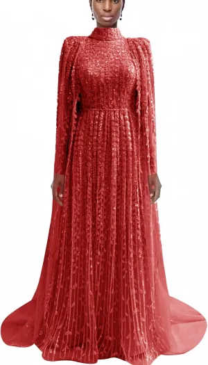 Elegant Mint Green Evening Gown, Long Sleeve Lace-Up Back, High Neck Pleated Maxi Dress with Sequin Detail
