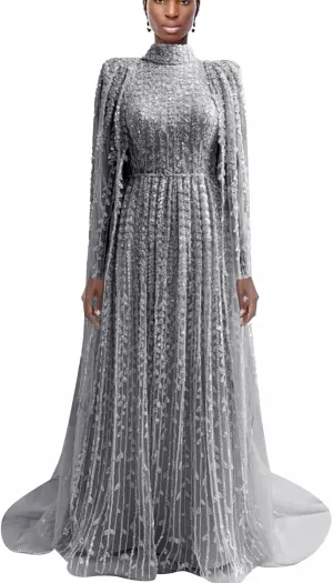 Elegant Mint Green Evening Gown, Long Sleeve Lace-Up Back, High Neck Pleated Maxi Dress with Sequin Detail