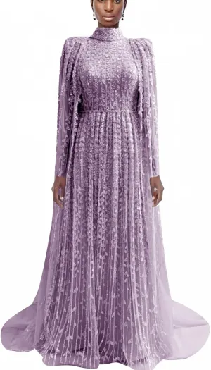 Elegant Mint Green Evening Gown, Long Sleeve Lace-Up Back, High Neck Pleated Maxi Dress with Sequin Detail