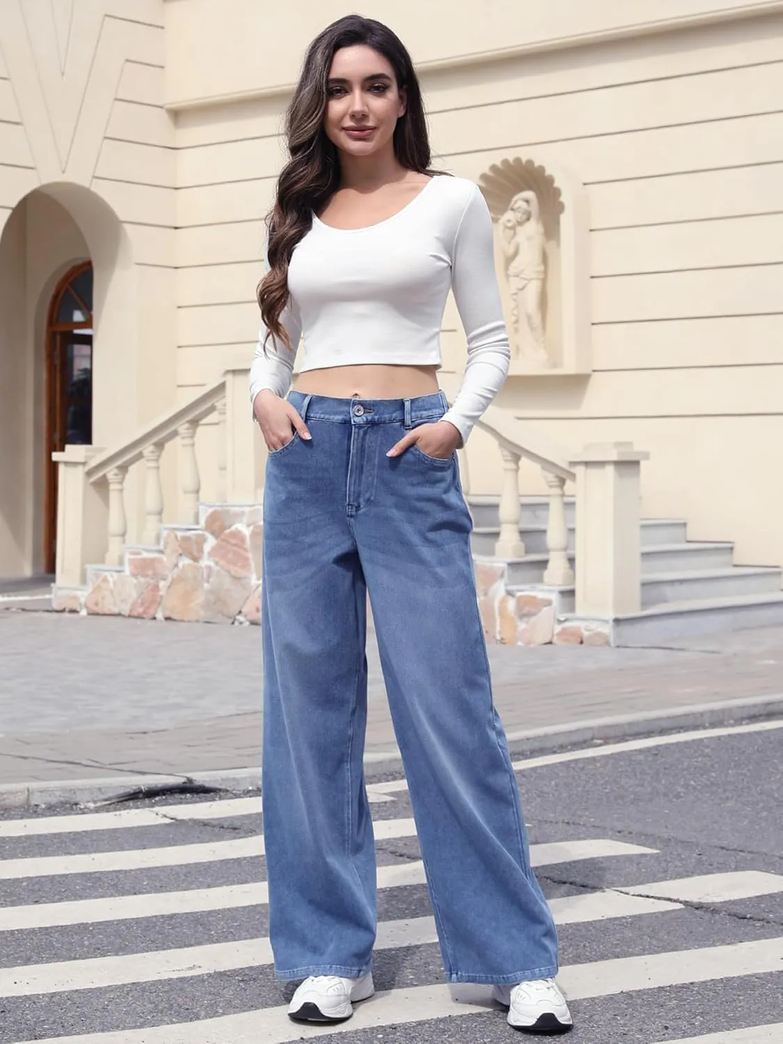 ELLEVEN High Stretchy Sweatpant Jeans Women, Elastic Waist Wide Leg Baggy Knit Jeans Straight Leg High Waisted Pull on Jeans