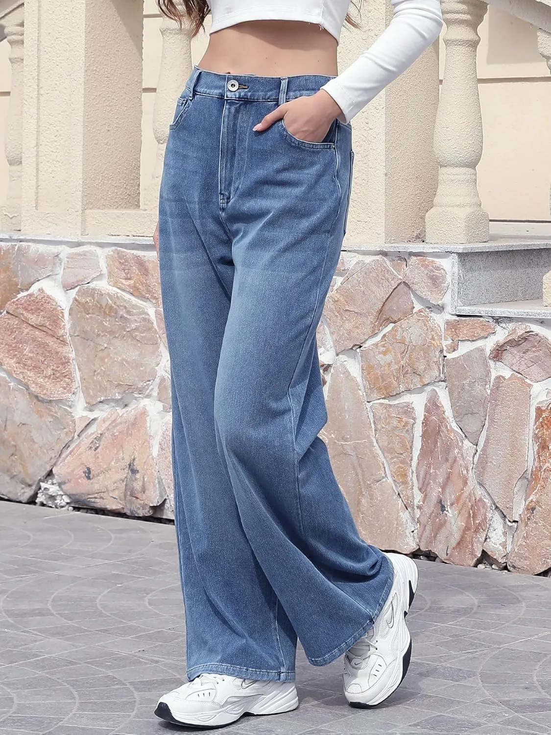 ELLEVEN High Stretchy Sweatpant Jeans Women, Elastic Waist Wide Leg Baggy Knit Jeans Straight Leg High Waisted Pull on Jeans