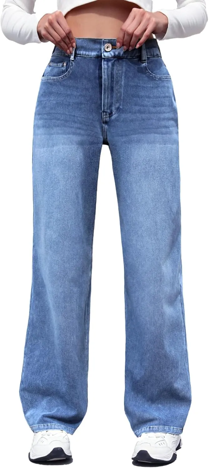 ELLEVEN High Stretchy Sweatpant Jeans Women, Elastic Waist Wide Leg Baggy Knit Jeans Straight Leg High Waisted Pull on Jeans