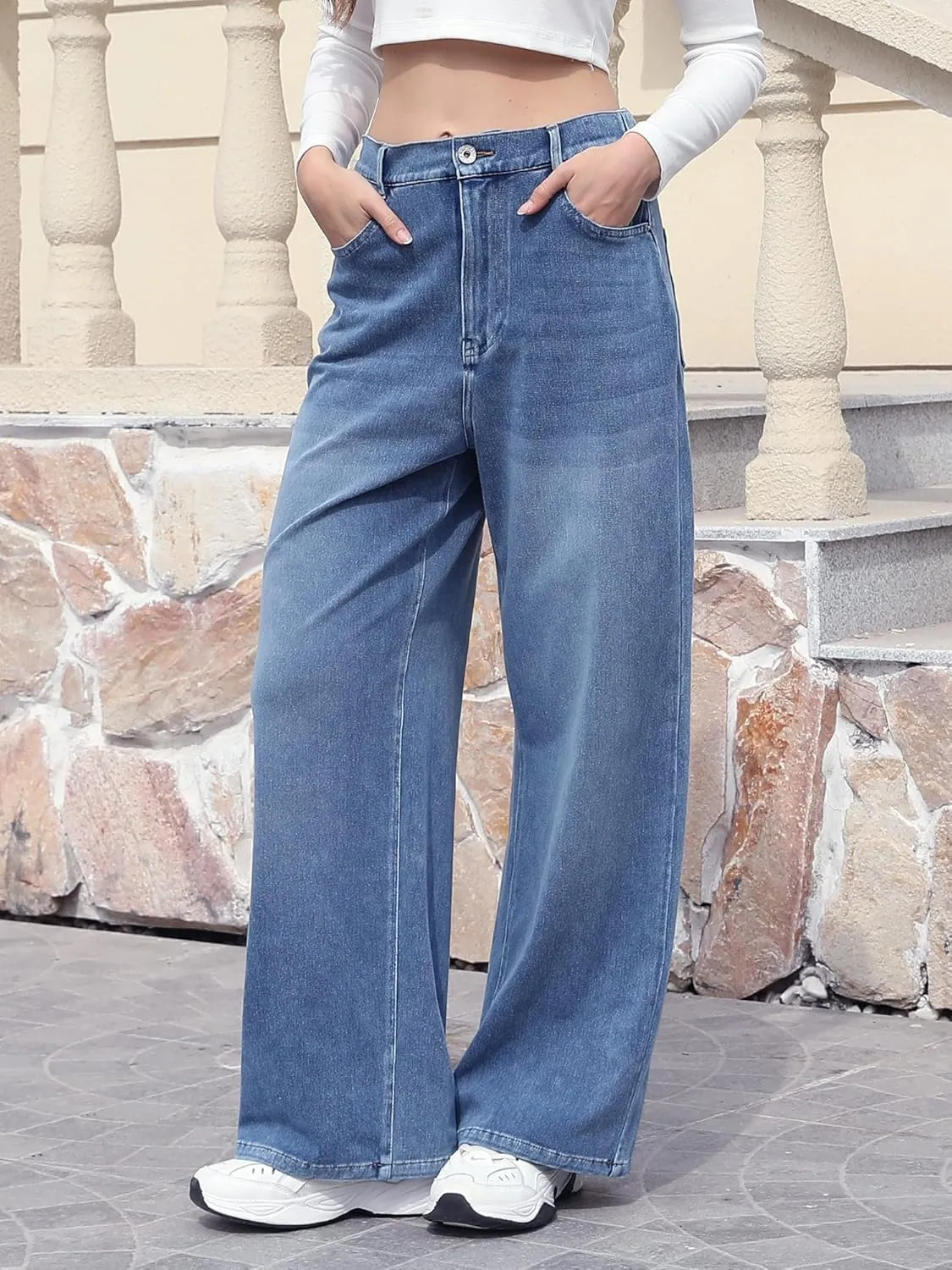 ELLEVEN High Stretchy Sweatpant Jeans Women, Elastic Waist Wide Leg Baggy Knit Jeans Straight Leg High Waisted Pull on Jeans