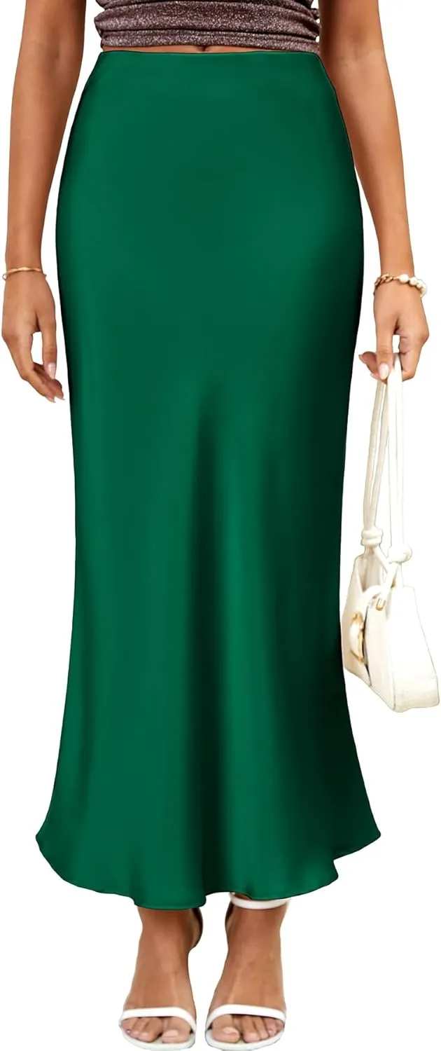 ELLEVEN Women's Maxi Satin High Waisted Skirts Elastic Waistband Party Wedding A-Line Long Silk Skirt