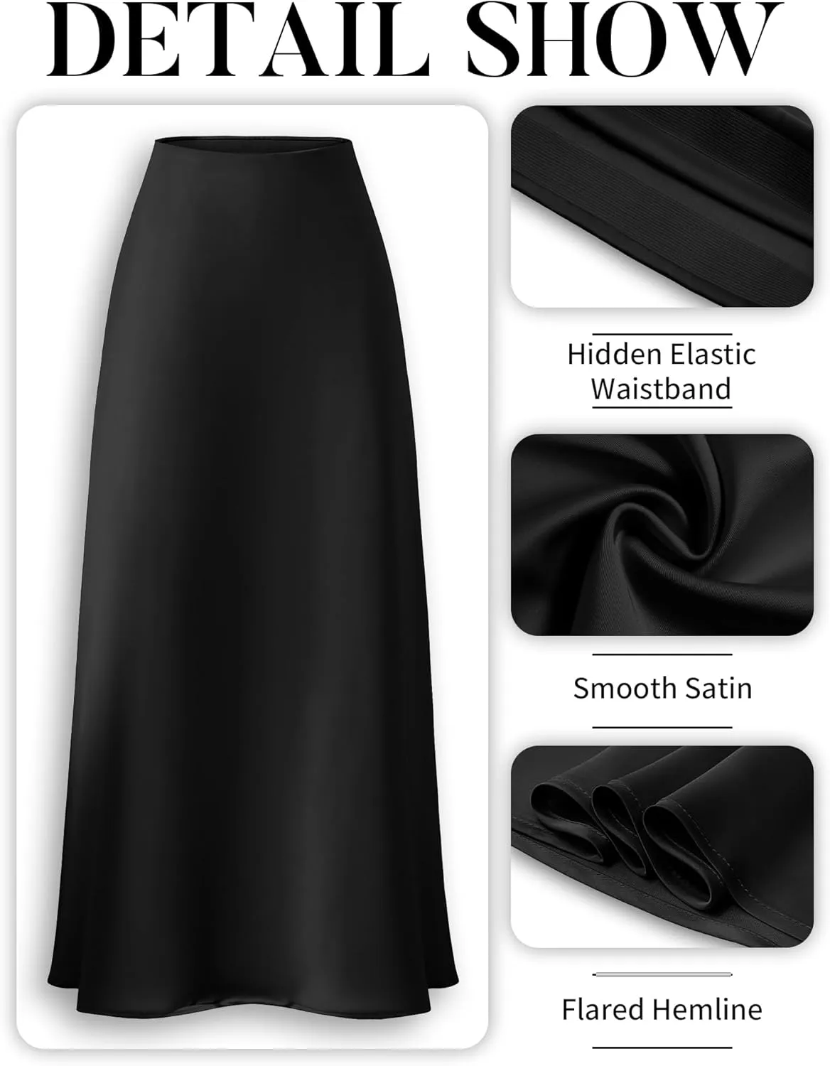 ELLEVEN Women's Maxi Satin High Waisted Skirts Elastic Waistband Party Wedding A-Line Long Silk Skirt