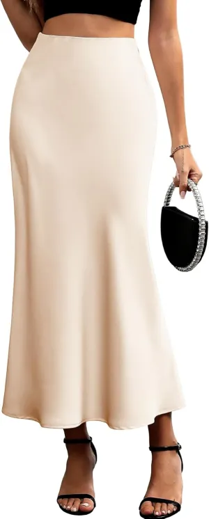 ELLEVEN Women's Maxi Satin High Waisted Skirts Elastic Waistband Party Wedding A-Line Long Silk Skirt