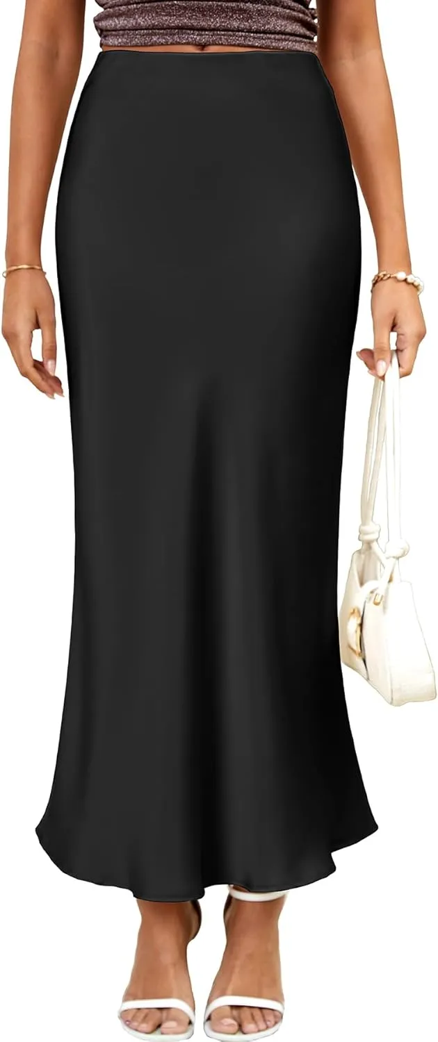 ELLEVEN Women's Maxi Satin High Waisted Skirts Elastic Waistband Party Wedding A-Line Long Silk Skirt