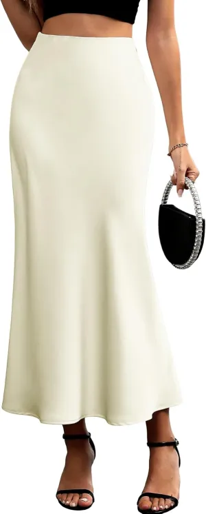 ELLEVEN Women's Maxi Satin High Waisted Skirts Elastic Waistband Party Wedding A-Line Long Silk Skirt