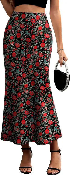 ELLEVEN Women's Maxi Satin High Waisted Skirts Elastic Waistband Party Wedding A-Line Long Silk Skirt