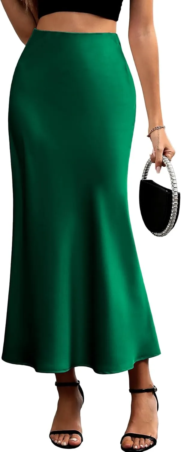 ELLEVEN Women's Maxi Satin High Waisted Skirts Elastic Waistband Party Wedding A-Line Long Silk Skirt
