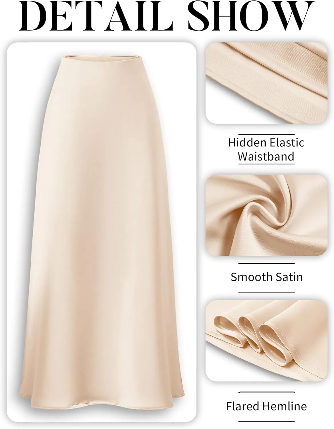 ELLEVEN Women's Maxi Satin High Waisted Skirts Elastic Waistband Party Wedding A-Line Long Silk Skirt