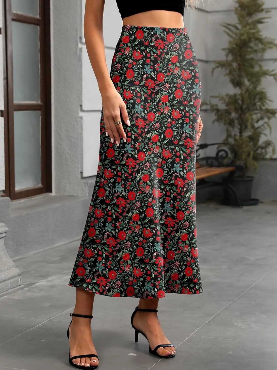 ELLEVEN Women's Maxi Satin High Waisted Skirts Elastic Waistband Party Wedding A-Line Long Silk Skirt
