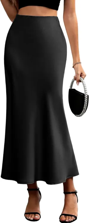 ELLEVEN Women's Maxi Satin High Waisted Skirts Elastic Waistband Party Wedding A-Line Long Silk Skirt