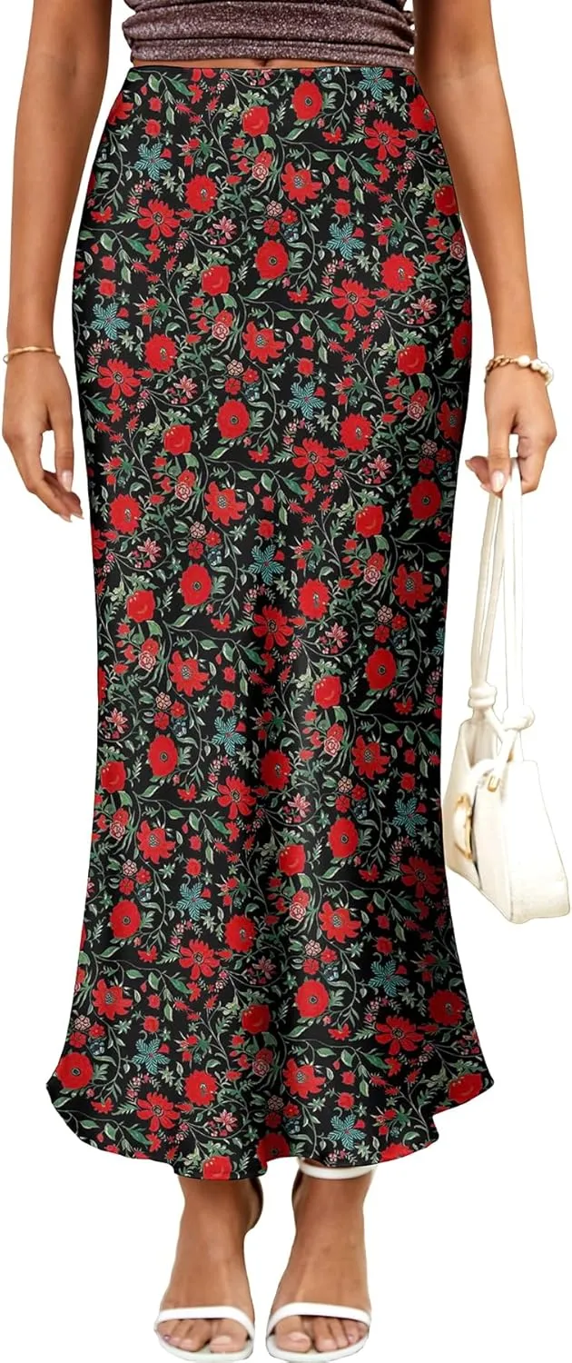 ELLEVEN Women's Maxi Satin High Waisted Skirts Elastic Waistband Party Wedding A-Line Long Silk Skirt