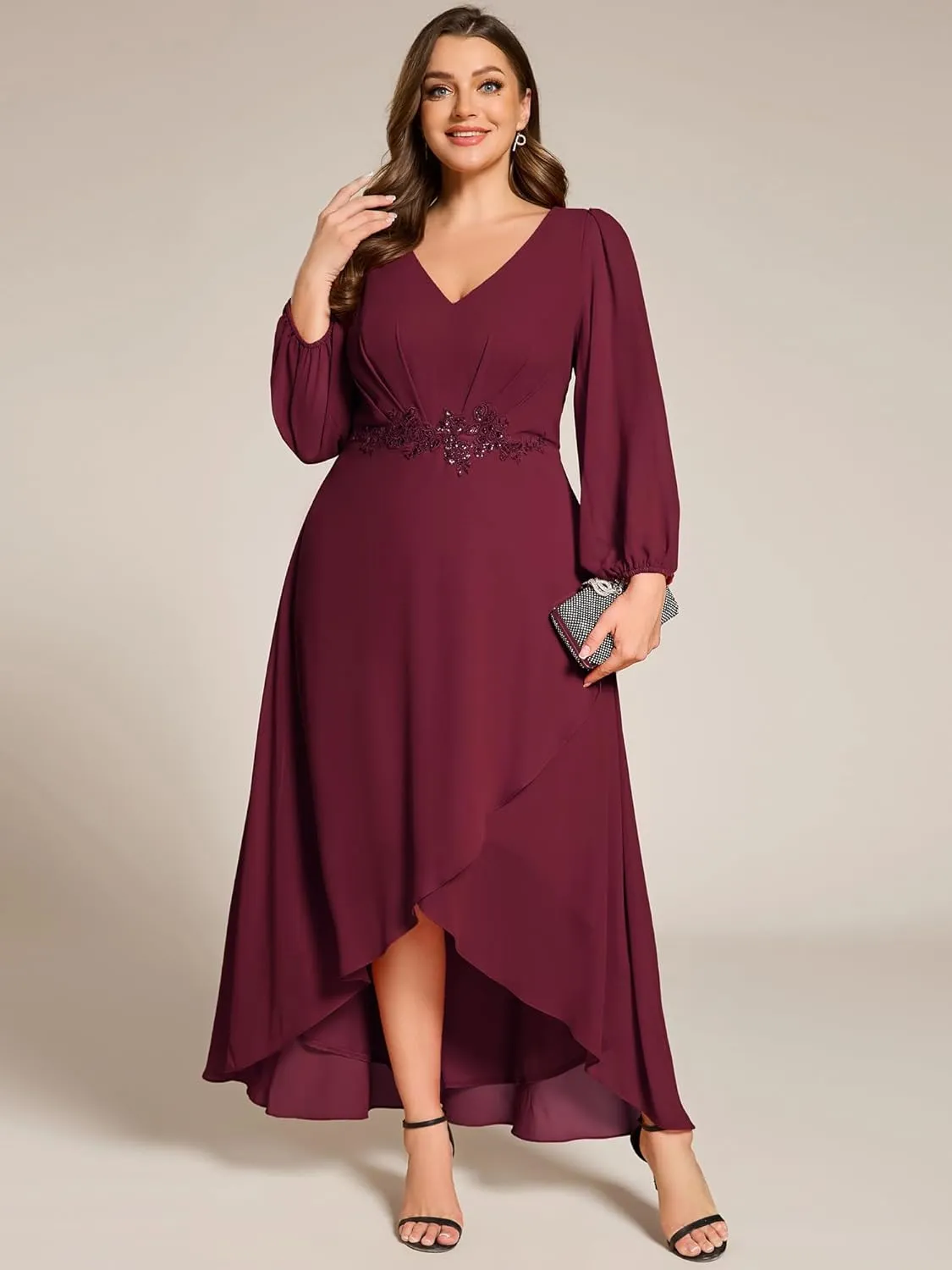 Ever-Pretty Plus Women's V Neck Long Sleeves Applique Chiffon Plus Size Fall Mother of The Bride Dress Formal Dress 03027-DA