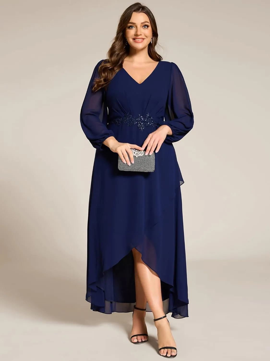 Ever-Pretty Plus Women's V Neck Long Sleeves Applique Chiffon Plus Size Fall Mother of The Bride Dress Formal Dress 03027-DA